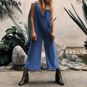 

VONDA Rompers Women Jumpsuits Vintage Overalls Casual Ankle-Length Wide Leg Pants 2020 Summer Sleeveless Playsuits Plus Size