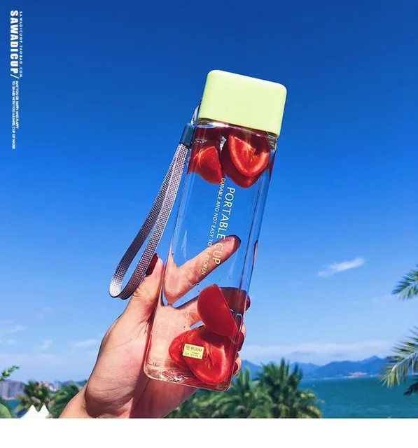 Cute New Square Tea Milk Fruit Water Cup 500ml for Water Bottles drink with Rope Transparent Cute New Square Tea Milk Fruit Water Cup 500ml for Water Bottles drink with Rope Transparent Sport Korean style Heat resistant
