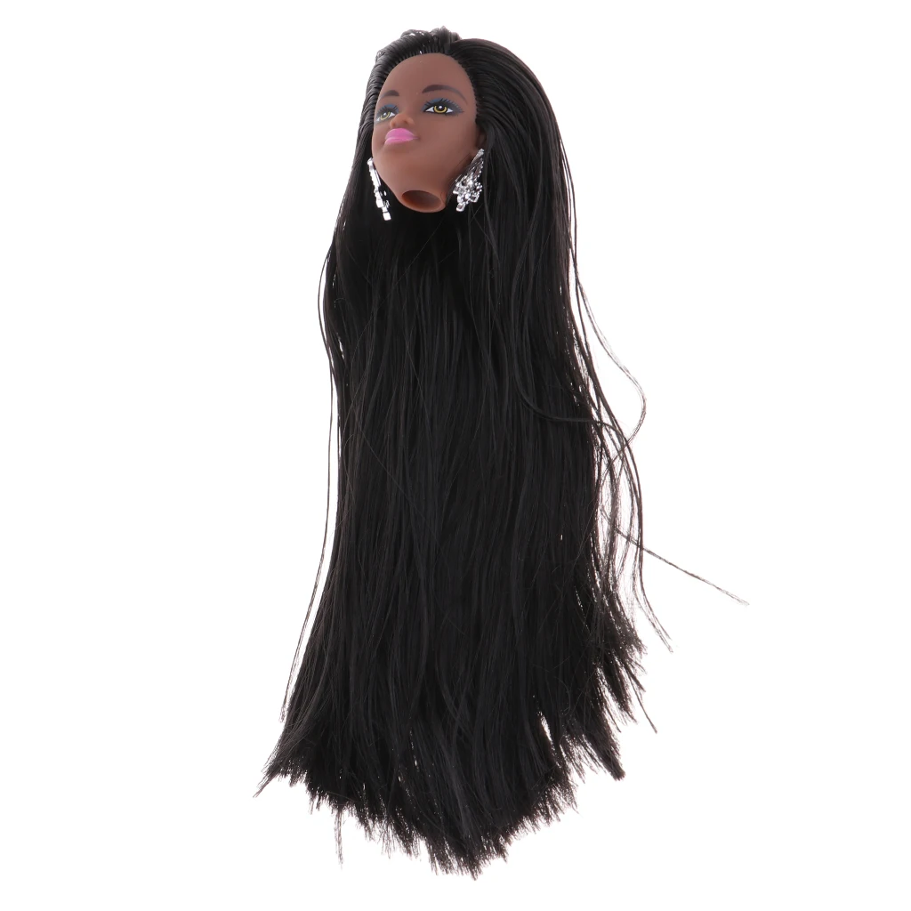 Doll Head with Wig Black Skin Make up Face Model DIY Cosplay For 1/6 Doll Accessories for Girls, Long Straight Hair