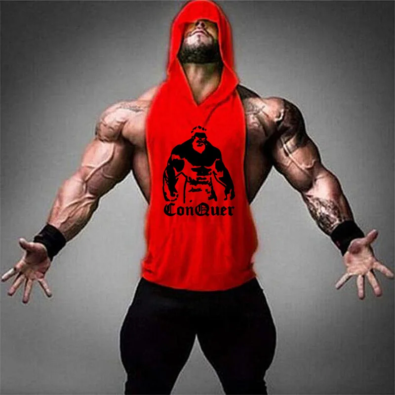 Майка для бодибилдинга Gorilla Stringer с капюшоном мужская спортивная одежда для фитнеса мужские жилеты без рукавов хлопковые майки - Цвет: red logo black