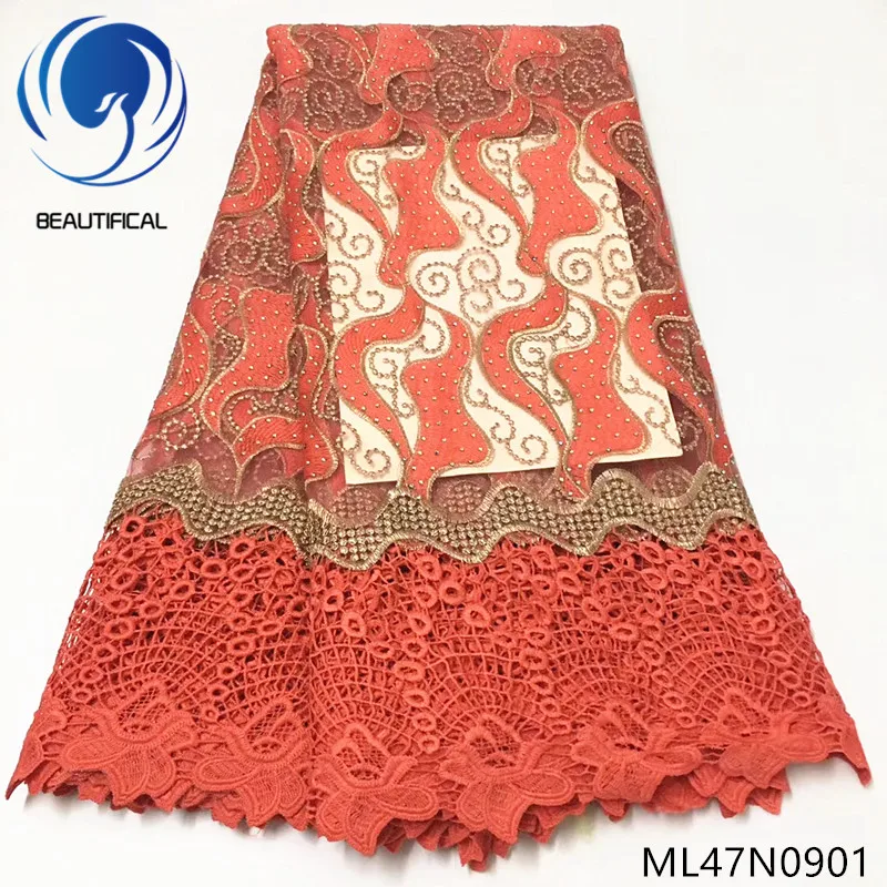 

Beautifical african lace fabrics embroidery stones net lace chemical lace fabric for women dress 2019 New design 5yards ML47N09