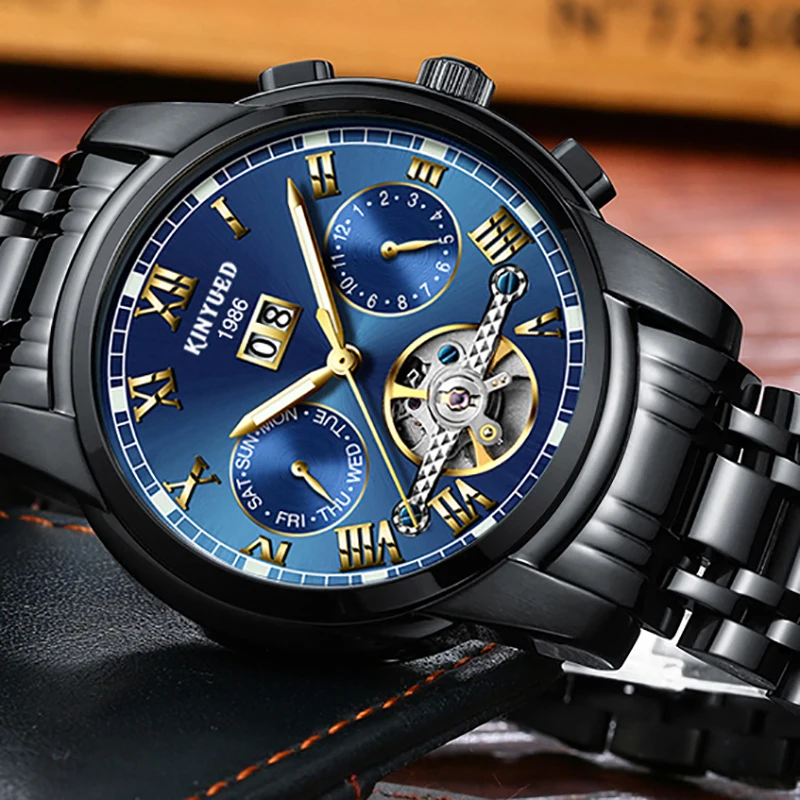 KINYUED Stainless Steel Mechanical Wrist Watches Skeleton Tourbillon