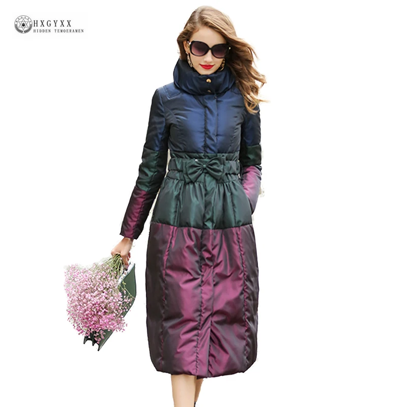 

2019 New Hot Sale Ladies Coat Women Patchwork Bow Plus Size Duck Jackets Stand Collar Parka Warm Long Outerwear Female Ok1314