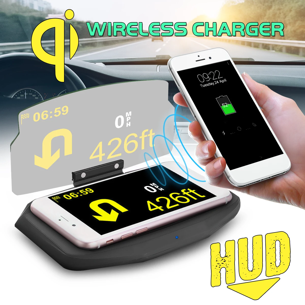 Car HUD Wireless Charger HUD Navigation GPS for iPhone X for Samsung S9 Portable Non slip