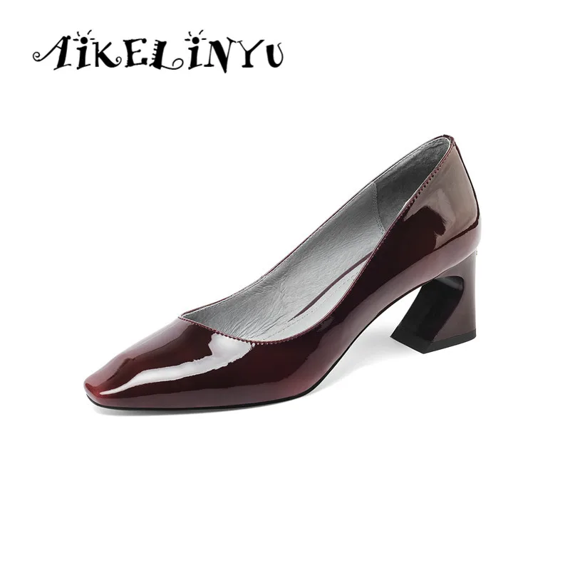 

AKELINYU Autumn Women Party Pumps High Hoof Heels Genuine Leather Square head Slip-On Shoes Handmade Fashion Shallow Pumps Lady