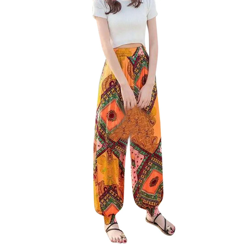 

Women Soft Loose Thai Harem Pants Indie Folk Boho Festival Hippy Casual Trousers Loose Elastic Waist National Style Pants