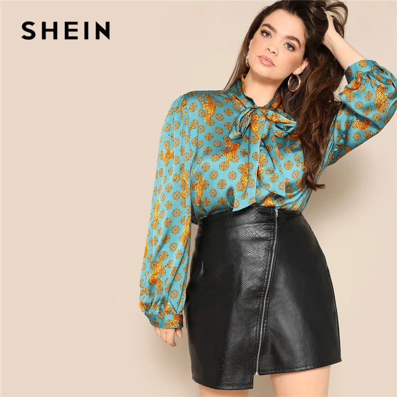 

SHEIN Blue Tie Neck Lantern Long Sleeve High Street Tiger Print Plus Size Satin Blouses Women 2019 Stand Collar Tops Blouse