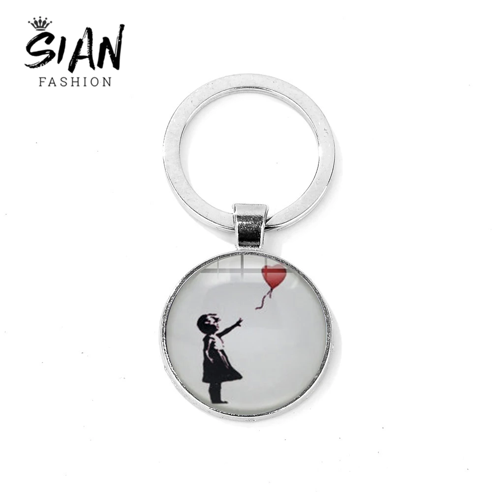 

SIAN Banksy Graffiti 'Girl with a Balloon' Inspiration Keychain Famous Painting Glass Dome Key Ring Minimalism Artist Key Chain
