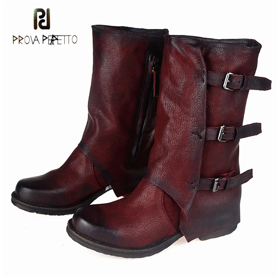 

Prova Perfetto Europe Retro Do Old Low Heel Woman Boots Shoes Genuine Leather Naked Martin Boots Back Buckle Knight Short Boots