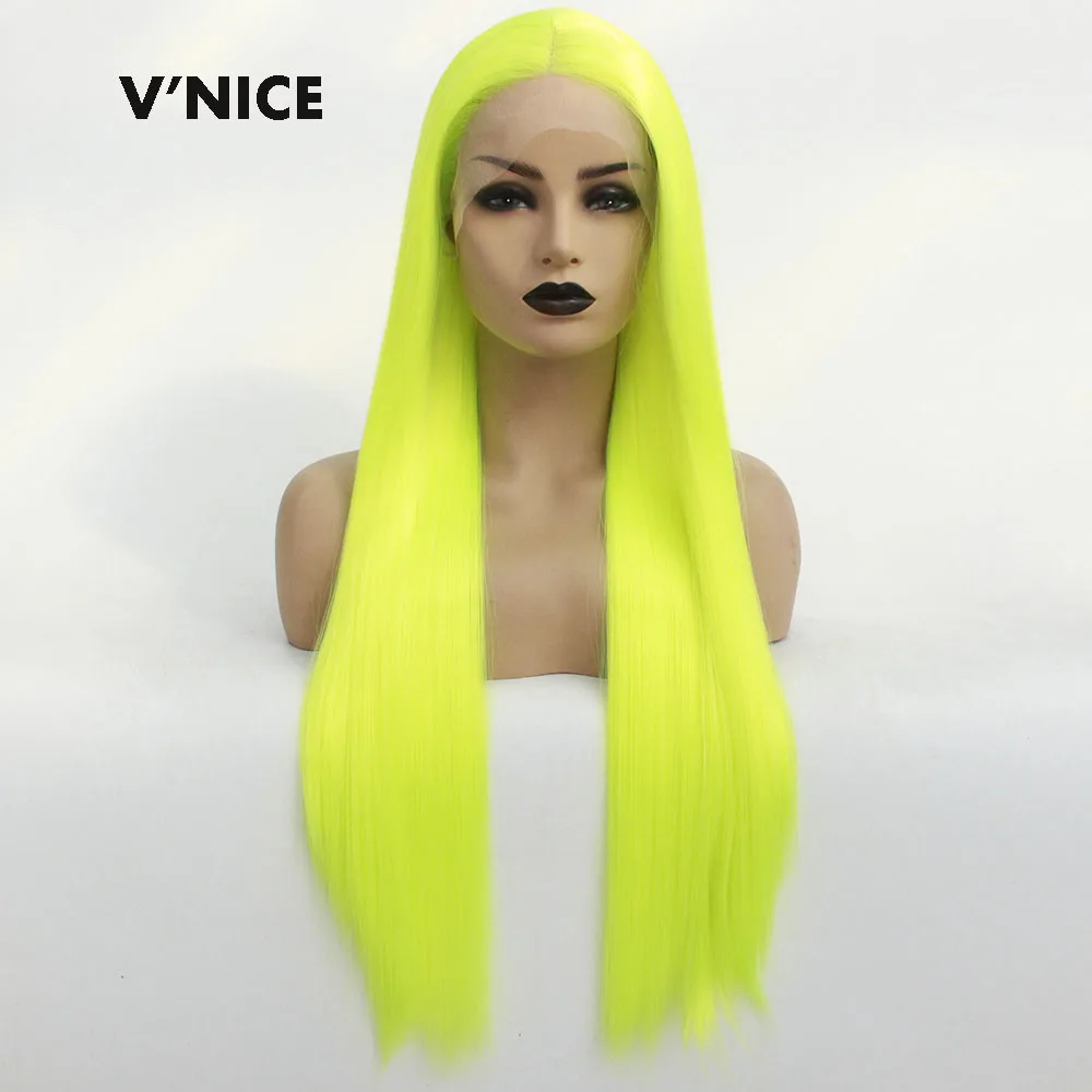 

V'nice Bright Yellow Synthetic Lace Front Cosplay Wig Long Straight Wigs for Women Heat Resistant Glueless Natural Hairline Wig