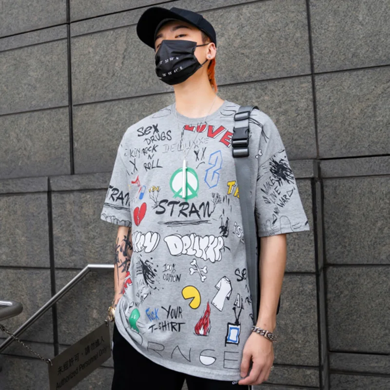Футболка в стиле хип хоп уличная Мужская Harajuku с граффити летняя модная футболка