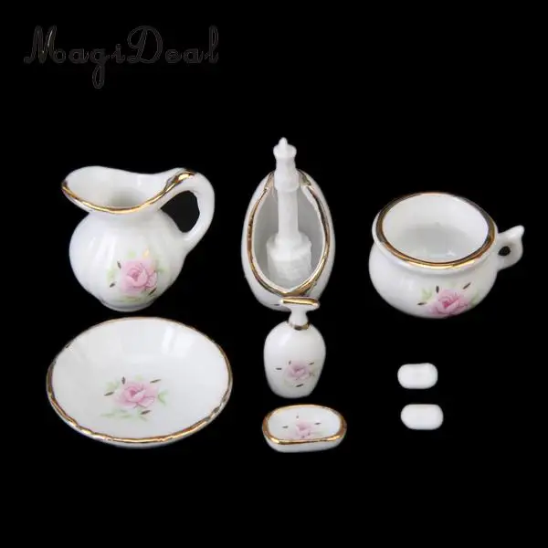 MagiDeal Porcelain 8Pcs/Set Dollhouse Bathroom Accessory Floral Ceramic Children Toys Decoration Pastel Rose