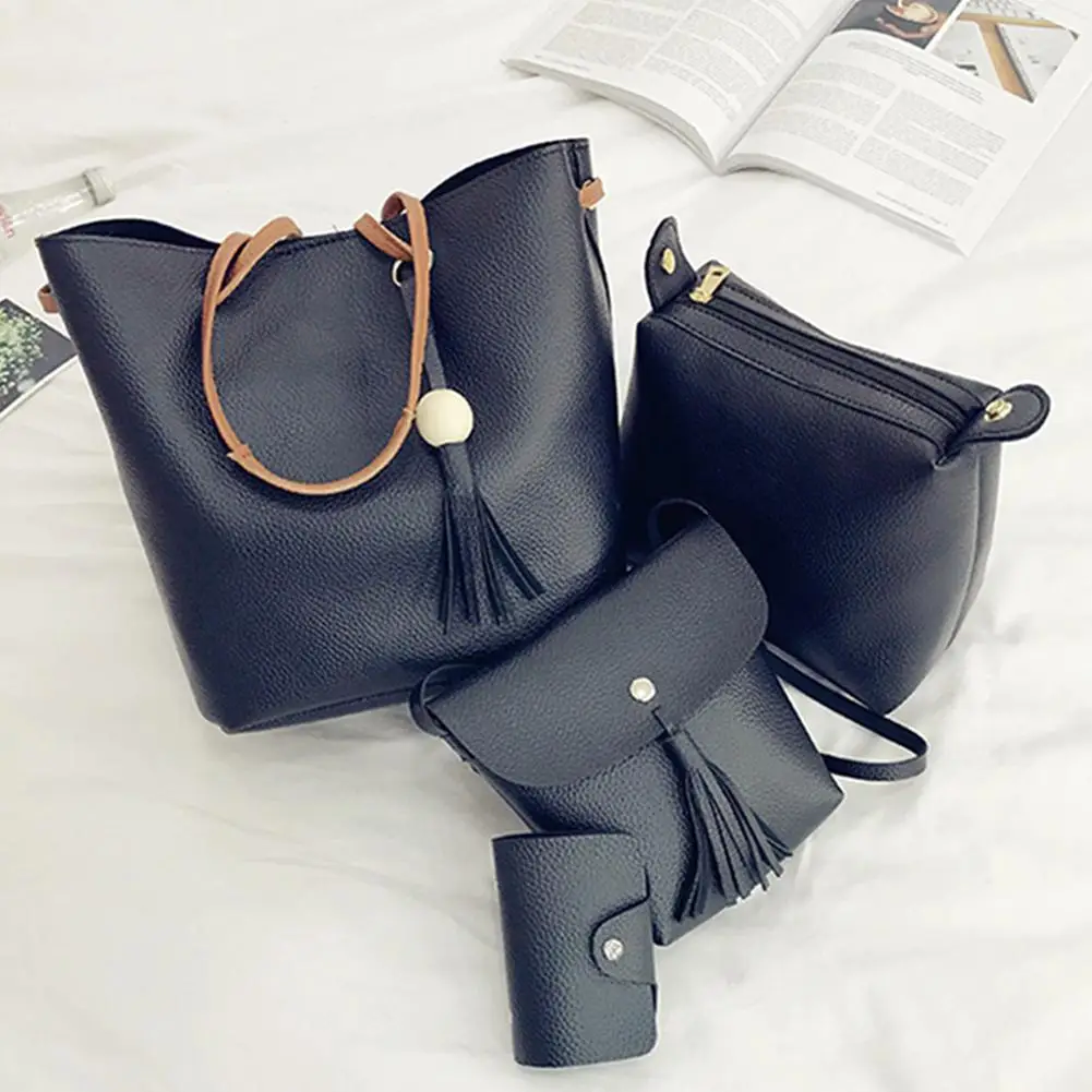 

4pcs/Set Fashion Women Bag Tassel Pure Faux Leather Composite Bag Women Clutch Handbag Set Large Shoulder Bag Tote Soft Handle