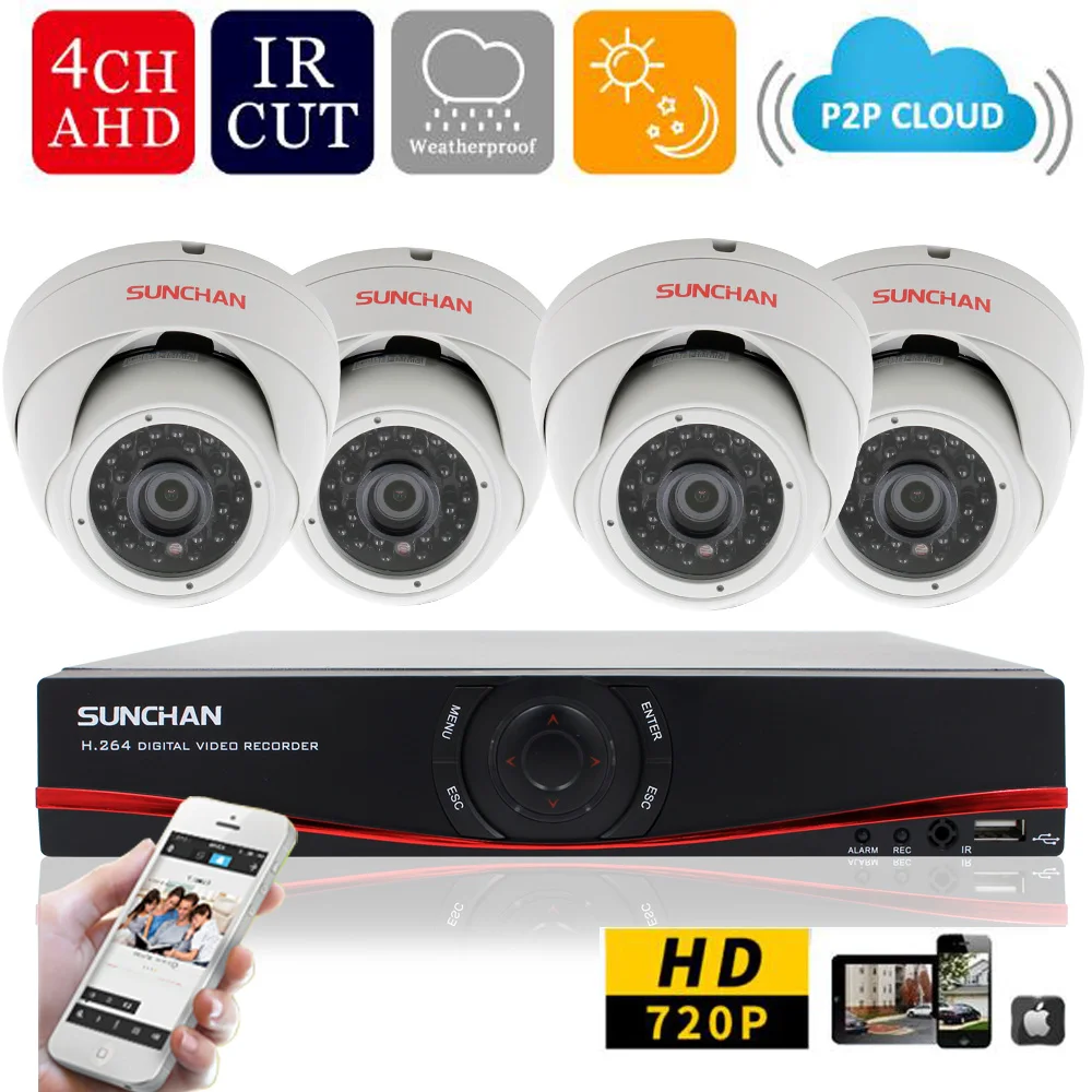 

SUNCHAN 4CH 720P CCTV System 4 Channel HDMI DVR 4PCS 1200TVL IR Metal Dome Security Camera Home Security System Surveillance Kit
