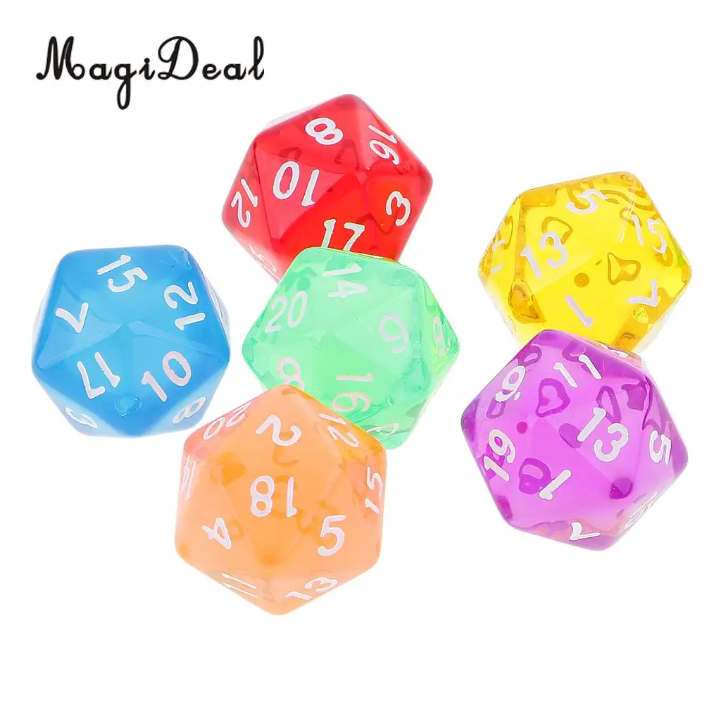 MagiDeal, 6 шт./лот, акриловые, 20 сторонних, D20, многогранные кубики, прозрачные, для вечерние, настольные игры, D& D, MTG, RPG., школьные принадлежности, 16 мм