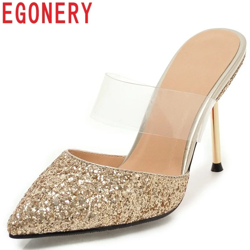 

EGONERY women slippers new fashion sequined cloth super high thin heels pointed toe bling elegant sexy outside lady mules shoes