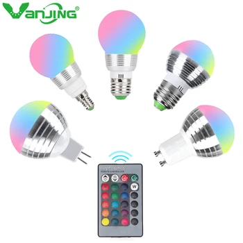 

LED RGB Bulb Lamp E27 E14 GU10 85-265V MR16 12V LED Changeable Spotlight 3W Magic Holiday Lighting IR Remote Control 16 Colors