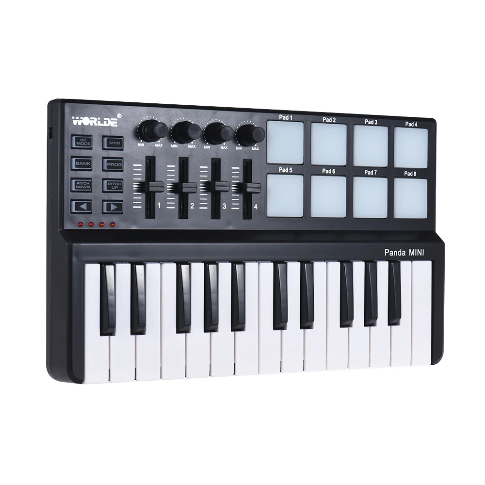 World Panda MINI 25-Key ультра-портативный USB MIDI контроллер клавиатуры 8 красочных триггерные подушки с подсветкой и прочным usb-кабелем