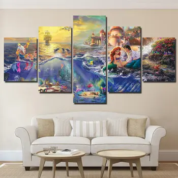 

5 Panel HD print Thomas Kinkade little mermaid Painting Canvas Wall Art 5 piece Picture Home Decoration Print F1632