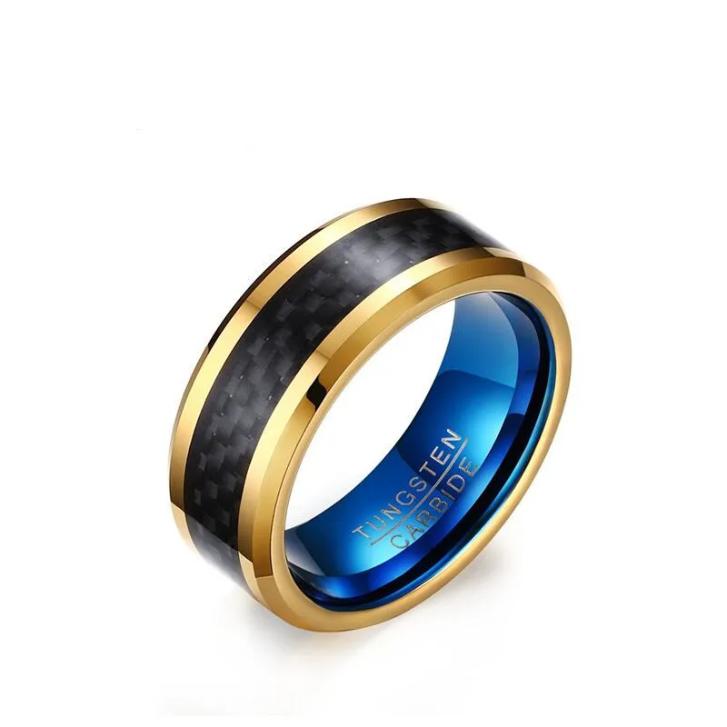 

High quality 8MM Men's Tungsten Carbide with carbon fiber Wedding Band Ring for Men on Brushed gold/ blue Edges Male Jewelry