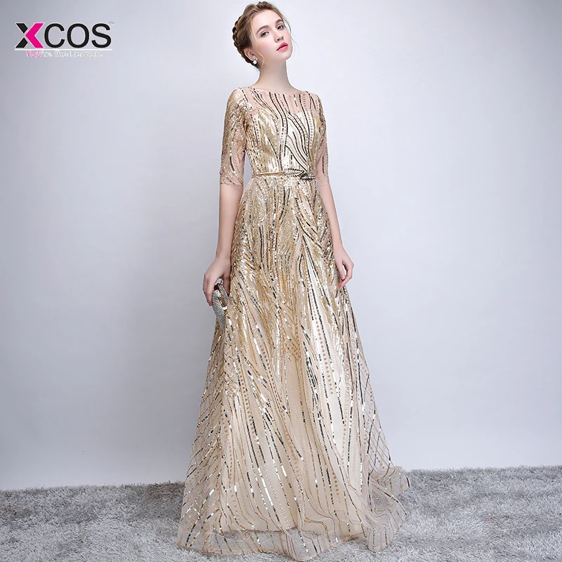 Vestido de festa шикарные вечерние платья с золотыми блестками рукавом до локтя