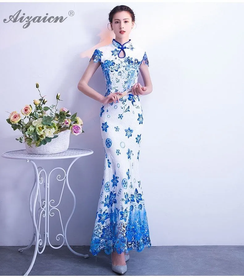 Модерано sirena azul Banco largo Cheongsam las mujeres chino vestido de noche Qipao Longue Femme Chinoise винтажные платья