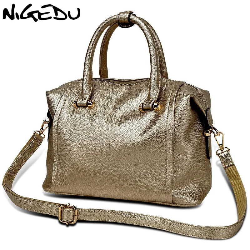 

NIGEDU 2019 NEW women handbags High quality pu leather female shoulder messenger bag Office bag Women's Totes Black color golden
