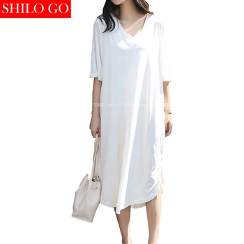 

SHILO GO Summer New Fashion Street Women's Dress V-Neck Casual Casual White Half Sleeve Slip Dress Ladies Concise Dress