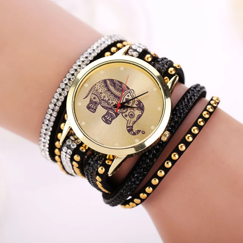 

Brand new Women Girl Elephant Pattern Rivet Bracelet Quartz Watch Braided Winding Wrap WristWatch gift 1pcs