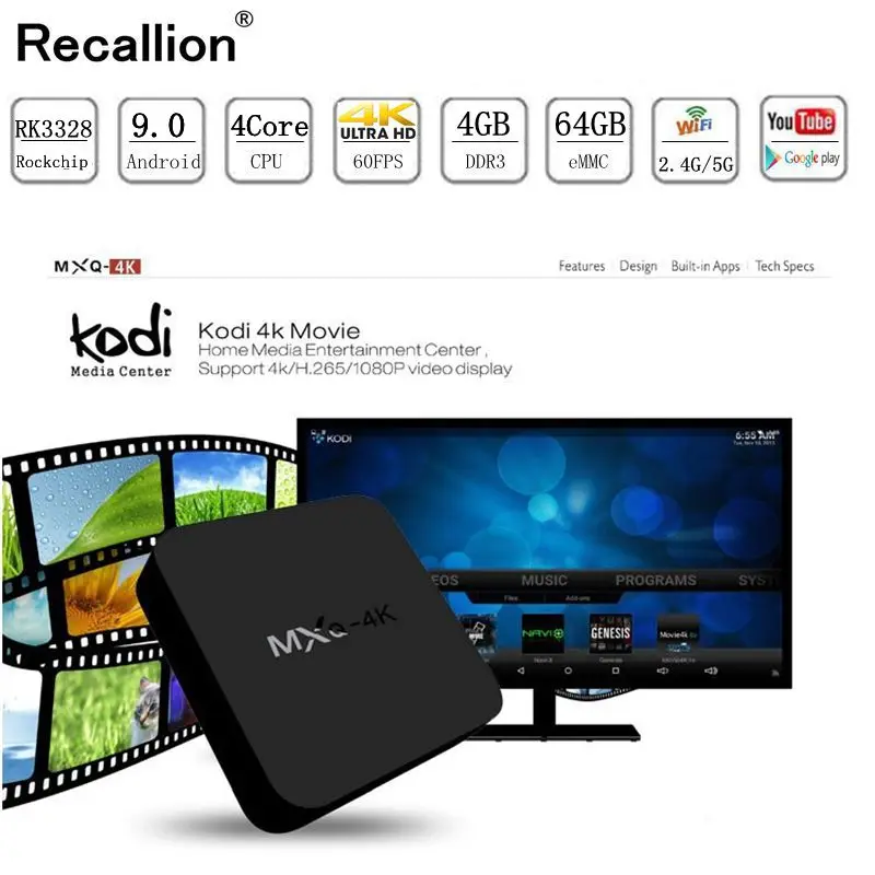

RECALLION MXQ 4K Smart Android 7.1 TV Box 1GB 8GB Allwinner H3 Quad-Core 2.4G Wifi 100M Set Top Box Support YouTube Media Player