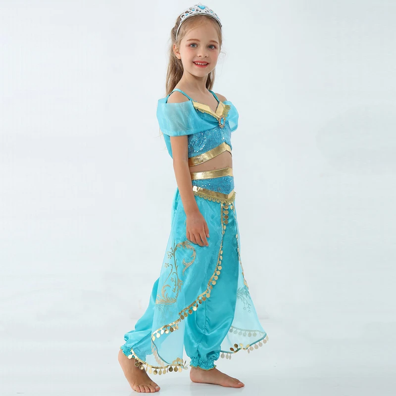 Girls Kid Summer Jasmine Princess Dance Dress Suit Aladdin Halloween Christmas Performance Costume Top Skirt Pant Two piece Set