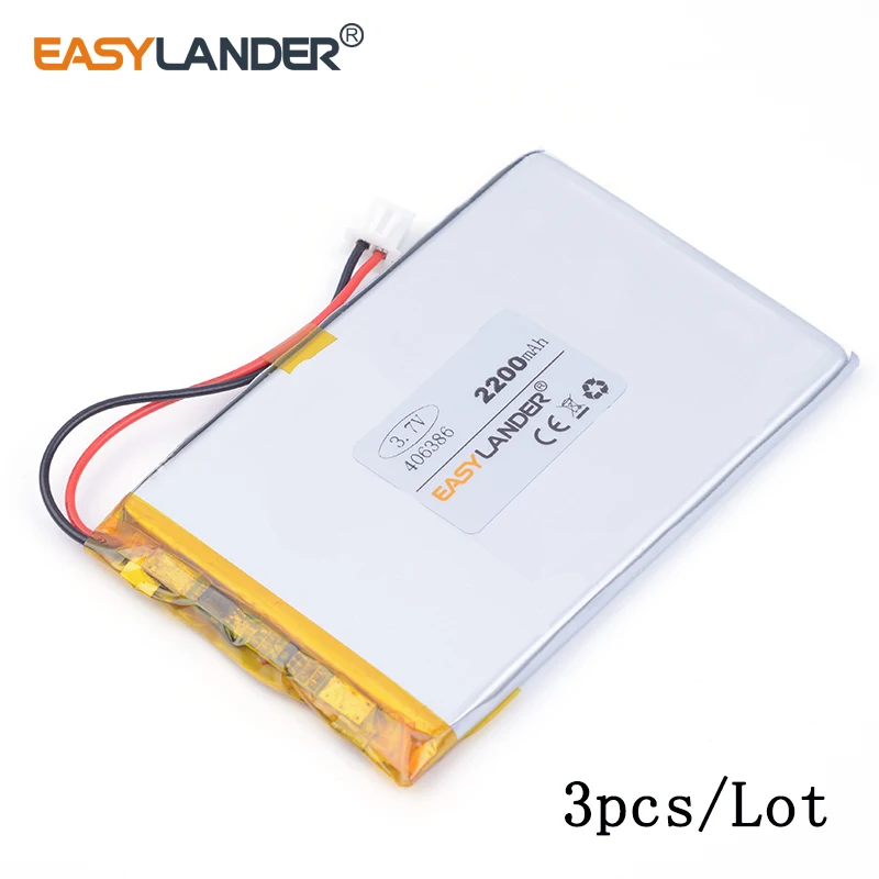 

3pcs /Lot 3.7v lithium Li ion polymer rechargeable battery XHR-2P 2.54 406386 2200MAH For GPS DVR toys MP4 MP5 Speaker E-book