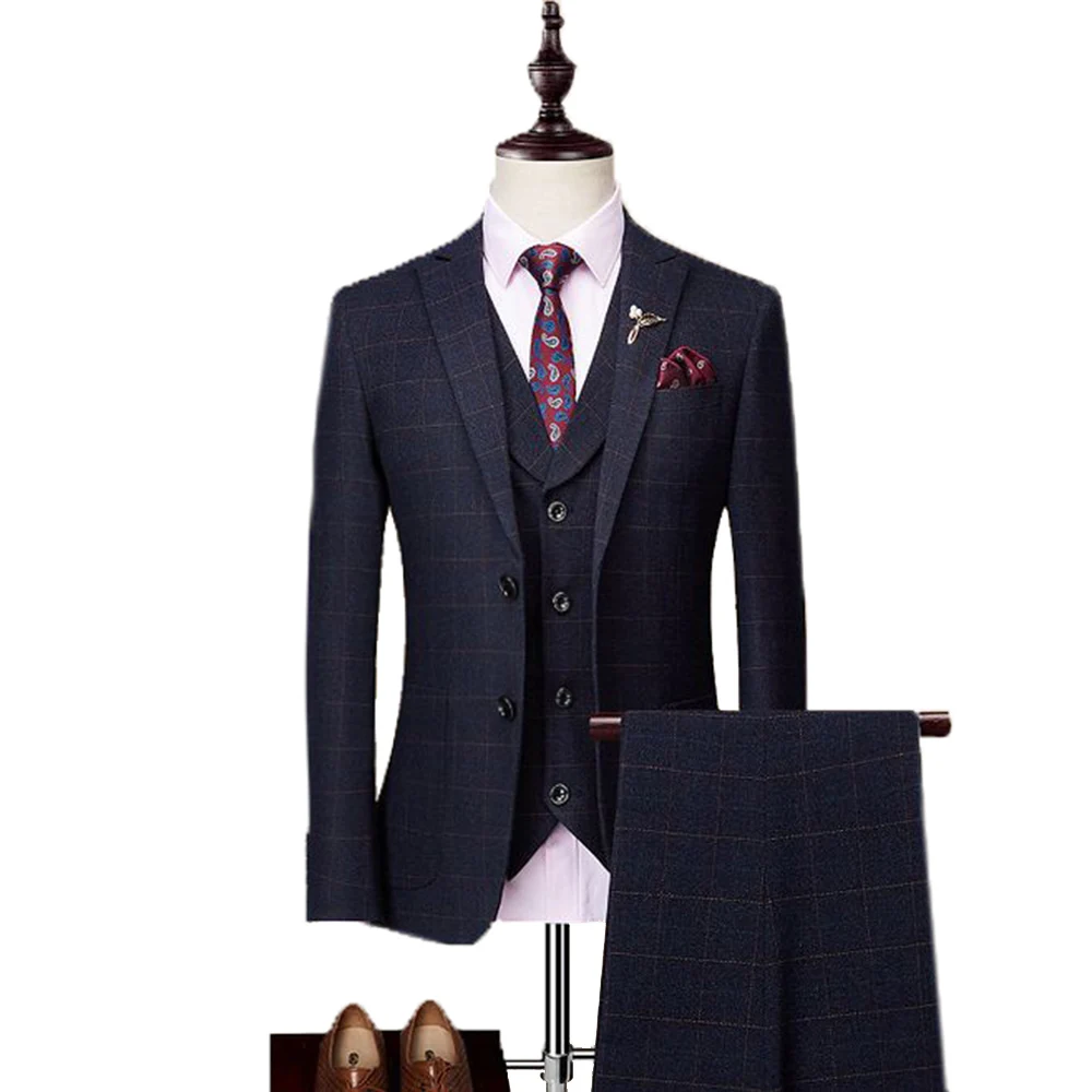 Men's Plaid Suit 3 Pieces Wool tweed Tuxedos Blazer Formal Groomsmen Suits(Blazer+Vest+Pants