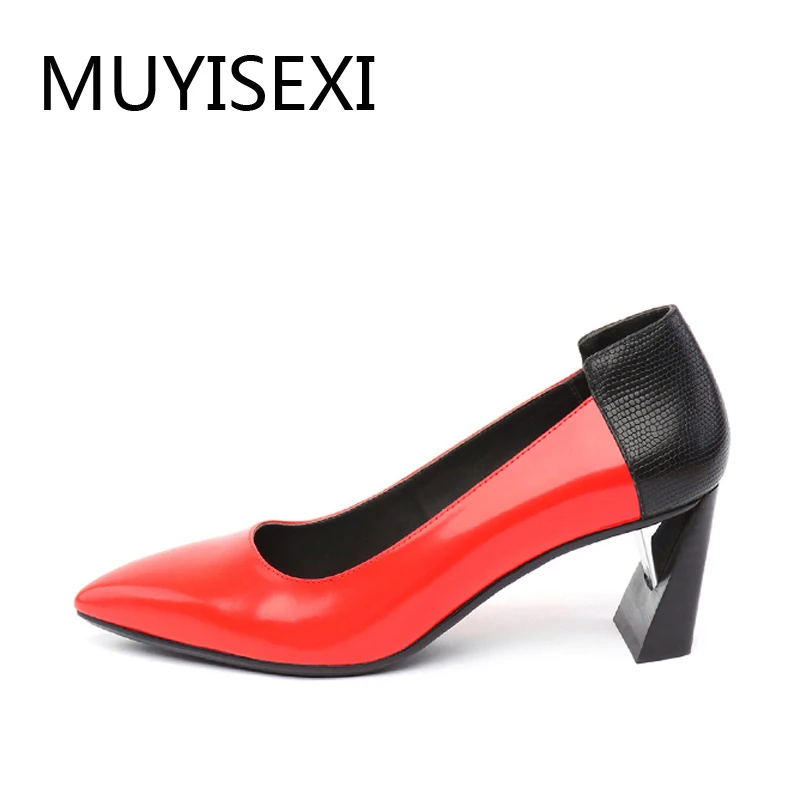 

Red Woman Pumps Genuine Leather Pointes Toe Slip-On Women Shoes High Heels 6.5 cm Office Ladies Shoes Black D036 MUYISEXI