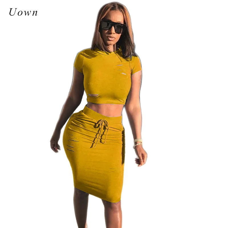

Hole Crop Top and Skirt Set Tracksuit 2018 Women Summer Casual Short Sleeve T Shirt + Bodycon Skirts Two Piece Sets Outfits XXL