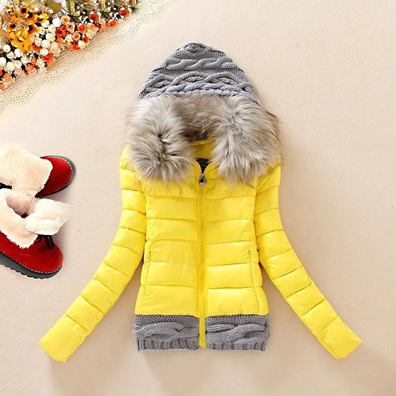 Короткое тонкое женское зимнее пальто, парка с меховым воротником, с капюшоном, с хлопковой подкладкой, вязаные теплые пальто и куртки, верхняя одежда, черная парка 354 - Цвет: yellow coats
