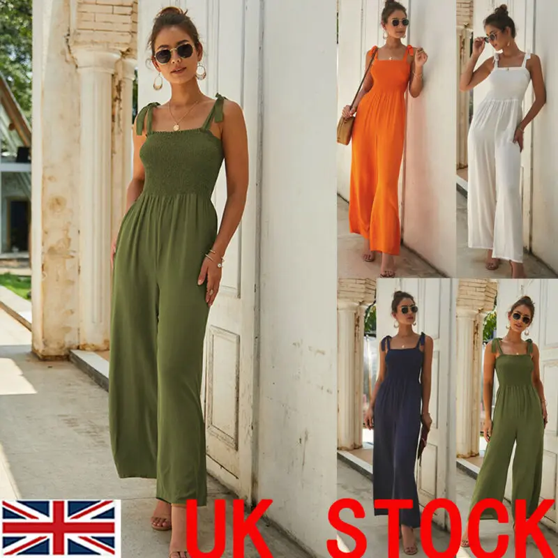 

Women Off Shoulder Strappy Playsuit Lady Summer Romper Long Jumpsuit Trouser UK