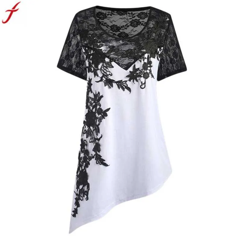 

Plus Size Asymmetric Tunic Shirt 2018 Summer Womens Appliques Blouse Floral Lace Hollow Out Boho Tops Ladies vetement femme #4