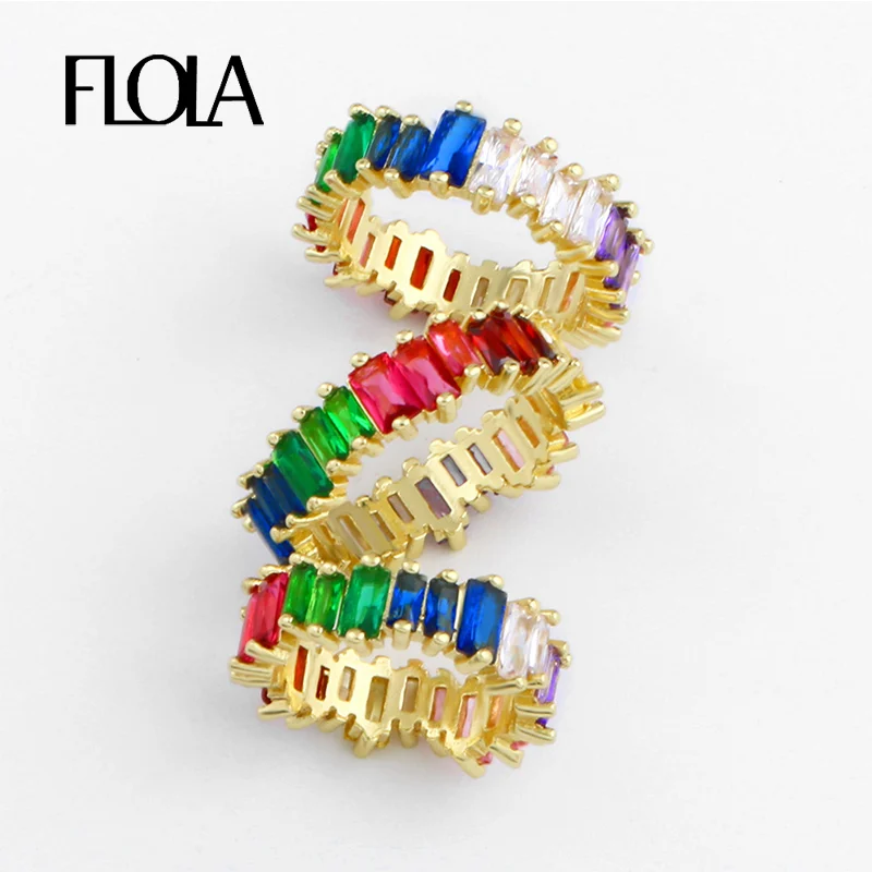 

FLOLA Gold-Filled Rainbow Ring Woman Rainbow CZ Eternity Ring Band Ladies Fashion Jewellry Anillo Stacking Baguette Rings rih71