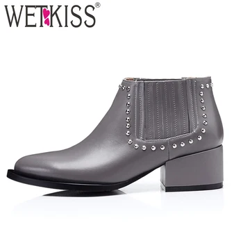

WETKIS Thick High Heels Ankle Boots Women Rivet Chelsea Boots New Autumn Fashion High Neck Shoes Ladies Genuine Leather Footwear