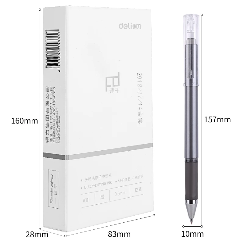 Deli, 12 штук в партии, черная быстросохнущая ручка 0,5 мм, гелевая ручка с цилиндрической головкой, ручка для подписи на водной основе A111