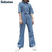 Sokotoo женские полурукава свободные комбинезоны бойфренд широкие брюки Карго повседневные джинсы с поясом