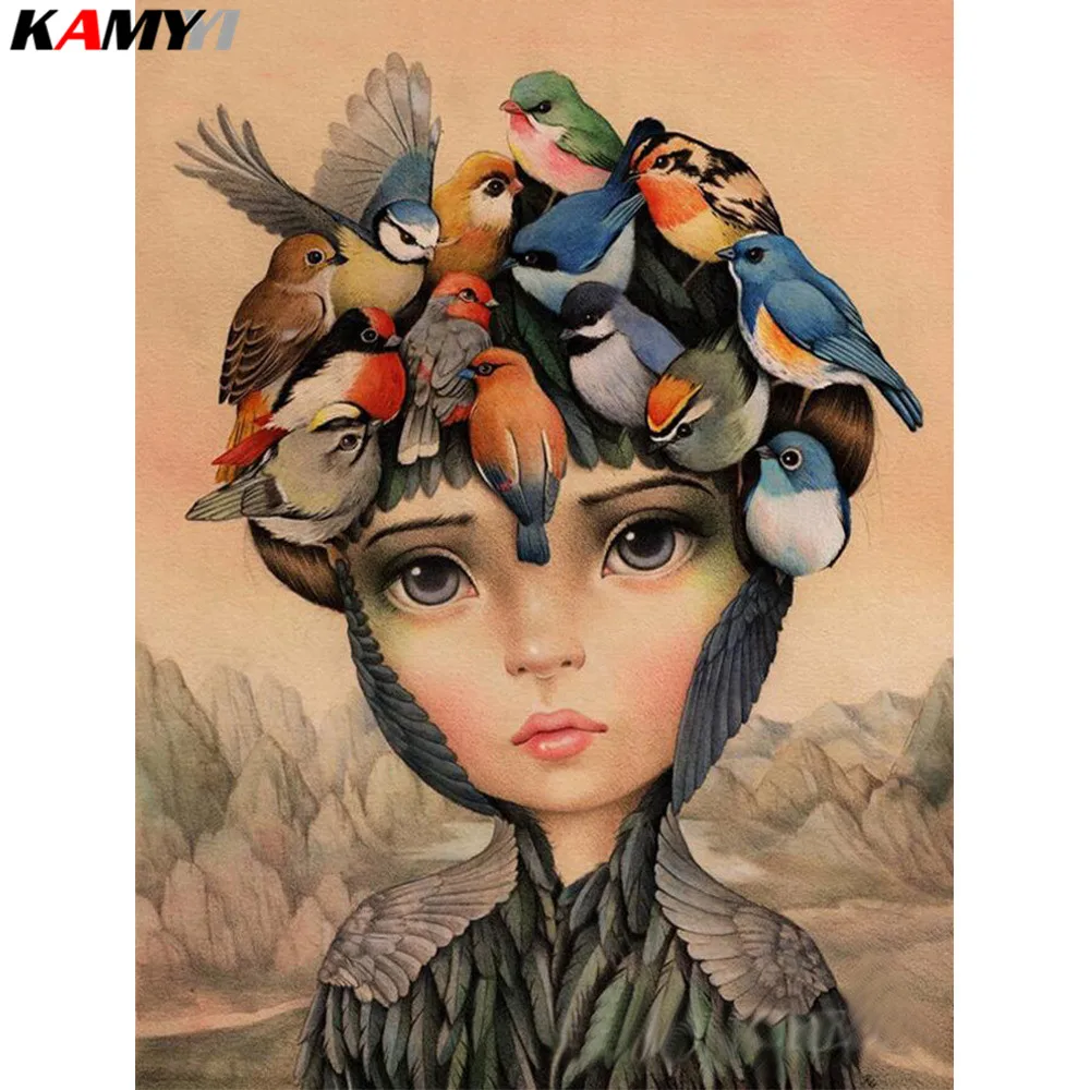 KAMY YI полный квадрат/круглый 5D DIY Алмазная вышивка милая девушка и птицы алмазная
