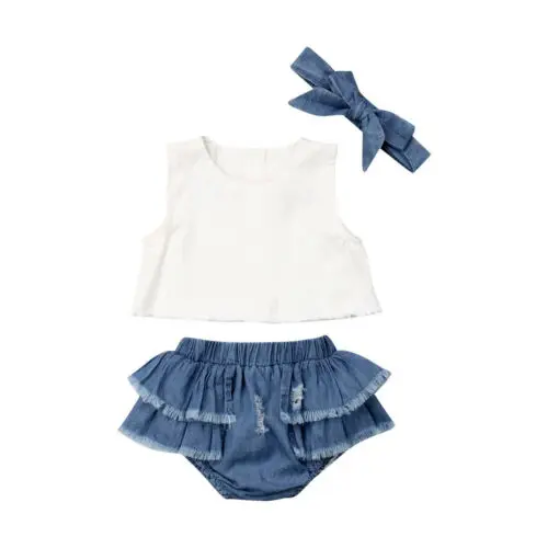 

0-24M Summer Baby Girls Clothes Sets White Tops Ruffle Jeans Shorts Outfits Clothes 3PCS