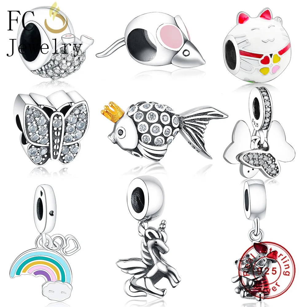 

FC Jewelry Fit Original Pandora Charm Bracelet 925 Sterling Silver Animal Butterfly Enamel Cat Rainbow Pendant Bead Berloque DIY