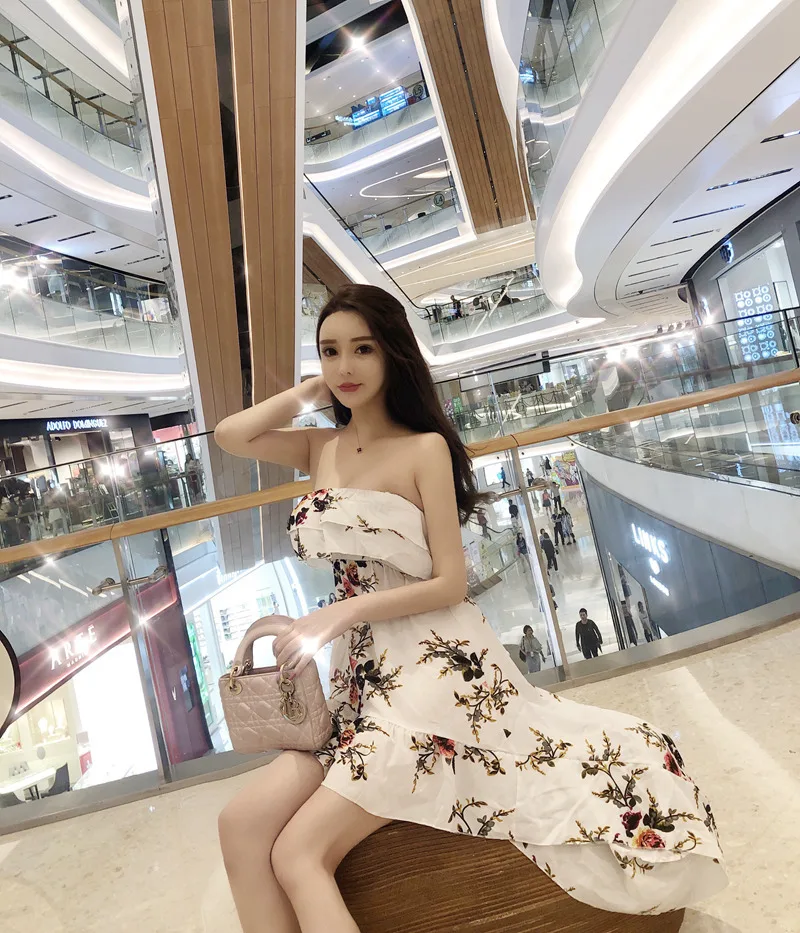 2018 New Summer Women's  Sexy  Printing  Ruffles Tops  Irregular Paty Dress Free Shipping
