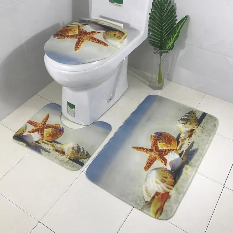 

3pcs Thick plush Floor Mat 3D Printed Beach Sea Star Conch Non Slip Water Absorb Bath Mats Floor Rugs Carpet Pad Bathroom Decor