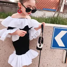 Платье с оборками в Корейском стиле для девочек модные летние платья с открытыми плечами для девочек 2-7 лет, B860