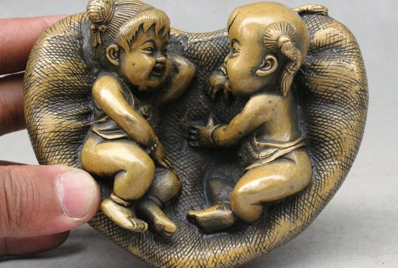 

5" Chinese Feng Shui Bronze Heart shaped pillow Boys and girls sleep Statue