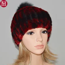 Вязаные шапки из меха кролика Рекс, Женский Настоящий мех кролика, шапка высокого качества, натуральный мех кролика Рекс, большой мех лисы, шапка с помпоном